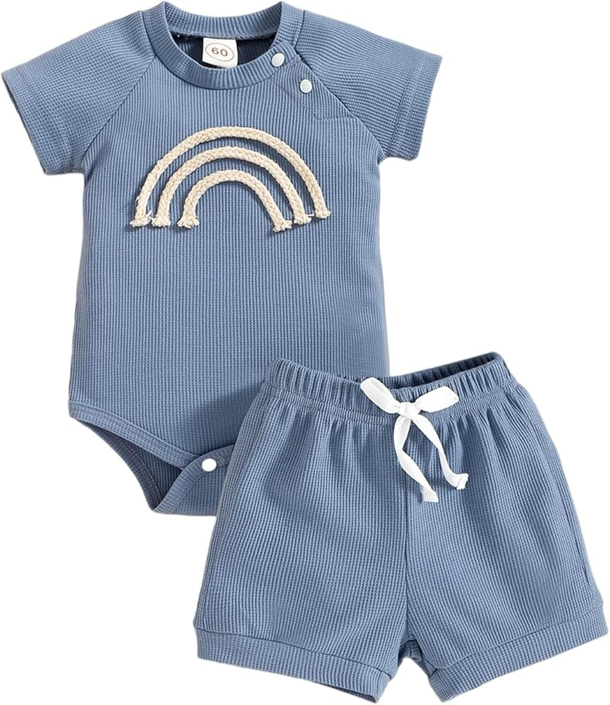 Toddler Baby Boy Summer Clothes Ribbed Romper Tops+ Shorts Outfits 2pcs Infant Baby Girl Clothes Uni | Amazon (US)