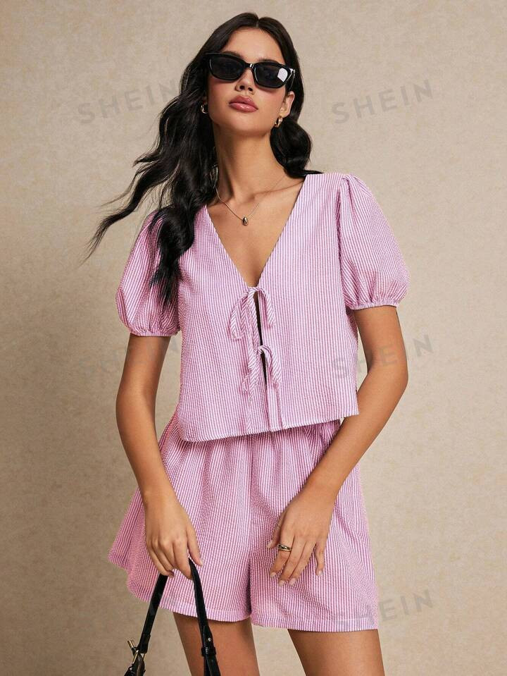 SHEIN Frenchy Striped Shirt And Shorts Set,  Striped Casual Summer Two-Piece Women's Set, Loose-F... | SHEIN