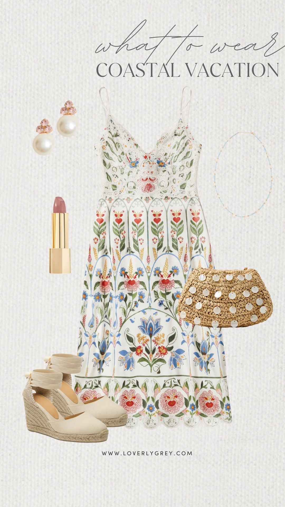 Loverly Grey, what to wear to a coastal vacation! This vibrant floral dress is a standout option for a beach vacation look! Pair it with wedge heels, dainty jewelry, and a fun purse with seashell detailing on it!

#LTKgrwm #LTKootd #LTKdayinmylife