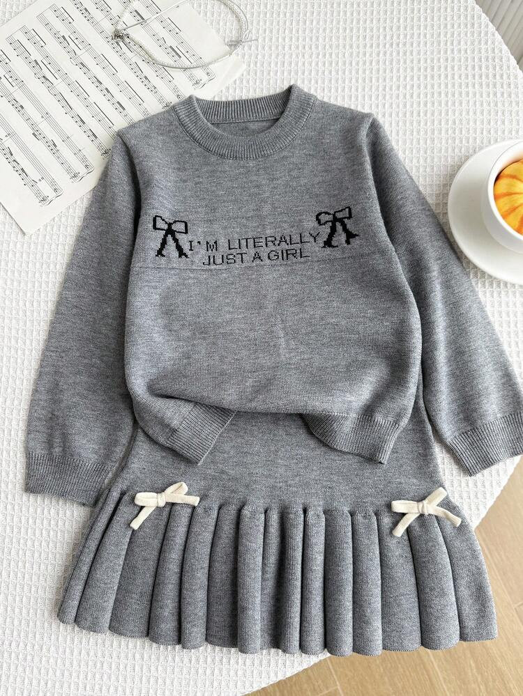 Souflis Souflis Young Girl Slogan & Bow Decor Long Sleeve Sweater And Bow Accent Knit Skirt Set, Autumn Fall Winter | SHEIN