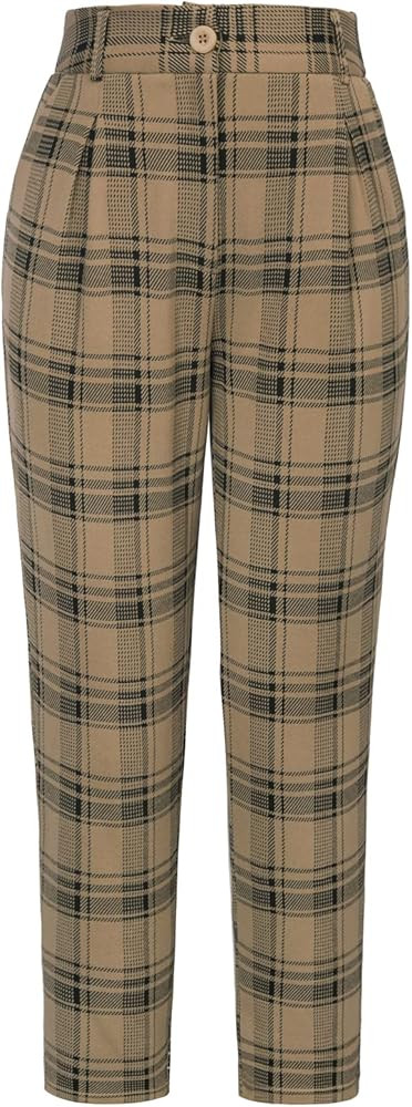GRACE KARIN Women's Casual Work Pants with Pockets Elastic Waist Plaid Pants | Amazon (US)