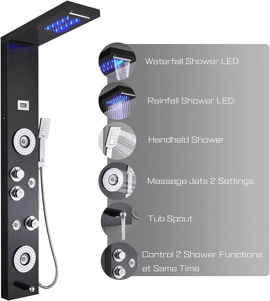 ELLO&ALLO Stainless Steel Shower Panel Tower System,LED Shower Head 6-Function Faucet Rain Massag... | Amazon (US)