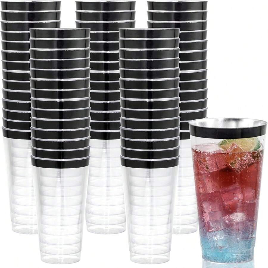 100pcs 16 Oz Black Rim Plastic Cups Black Disposable Cups Clear Plastic Cups Black Cups For Party... | SHEIN