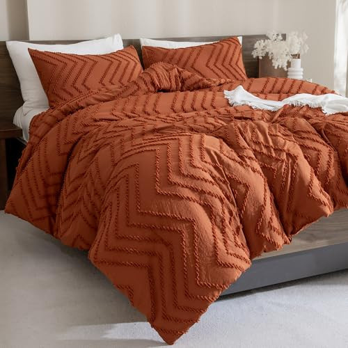 Andency Burnt Orange Oversized King Comforter Set 120x98, Boho Oversize King Soft Warm Tufted Bedding Comforter Sets, 3 Pieces Aesthetic Chevron Farmhouse Cute Bohemian Textured Bedding Set | Amazon (US)