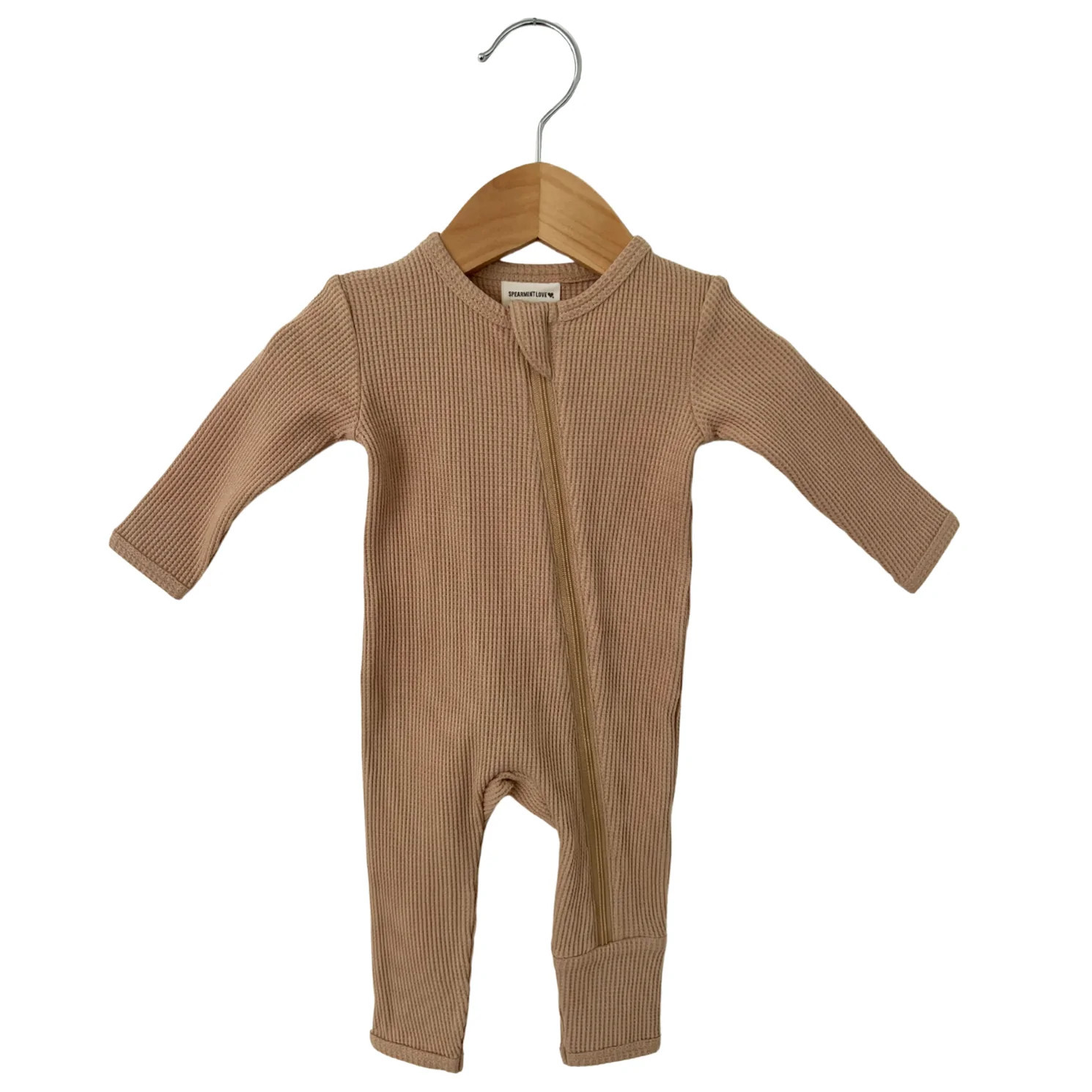 Organic Waffle Basic Zip Romper, Tan | SpearmintLOVE
