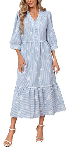 Boho Maxi Dress V Neck Beach Vacation A Line Tiered Long Dress Floral Embroidered Striped Sundres... | Amazon (US)