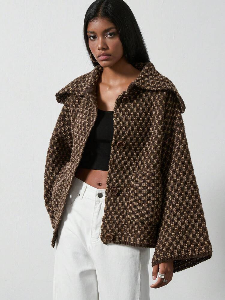 Se-Hore 2025 Modisches Lässig Outfit Für Damen, Geeignet Für Business Lässig, Pendeln, Streetwear, Urlaub, Lässiger Stil. Europäisch Und Amerikanisch Angehauchter Retro-Chic Loose Fit Karomuster Strickjacke Mit Langarm | SHEIN