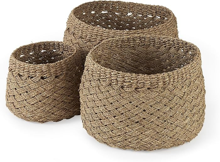 Mercana Jarek Medium Brown Seagrass Basket Cross Weave Round Basket in Set Of 3 | Amazon (US)