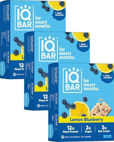 IQBAR Brain and Body Plant Protein Bars - Lemon Blueberry - 36-Count - Keto, Vegan, Low Carb, High Fiber, Gluten Free, Dairy Free, Low Sugar Snack with Nutrients for Focus, Energy, Meal Replacement | Amazon (US)