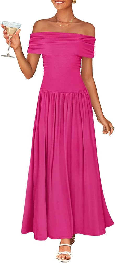 ZESICA Women's Off The Shoulder Maxi Dress 2026 Summer Sleeveless Casual Slim Swing Pleated Forma... | Amazon (US)