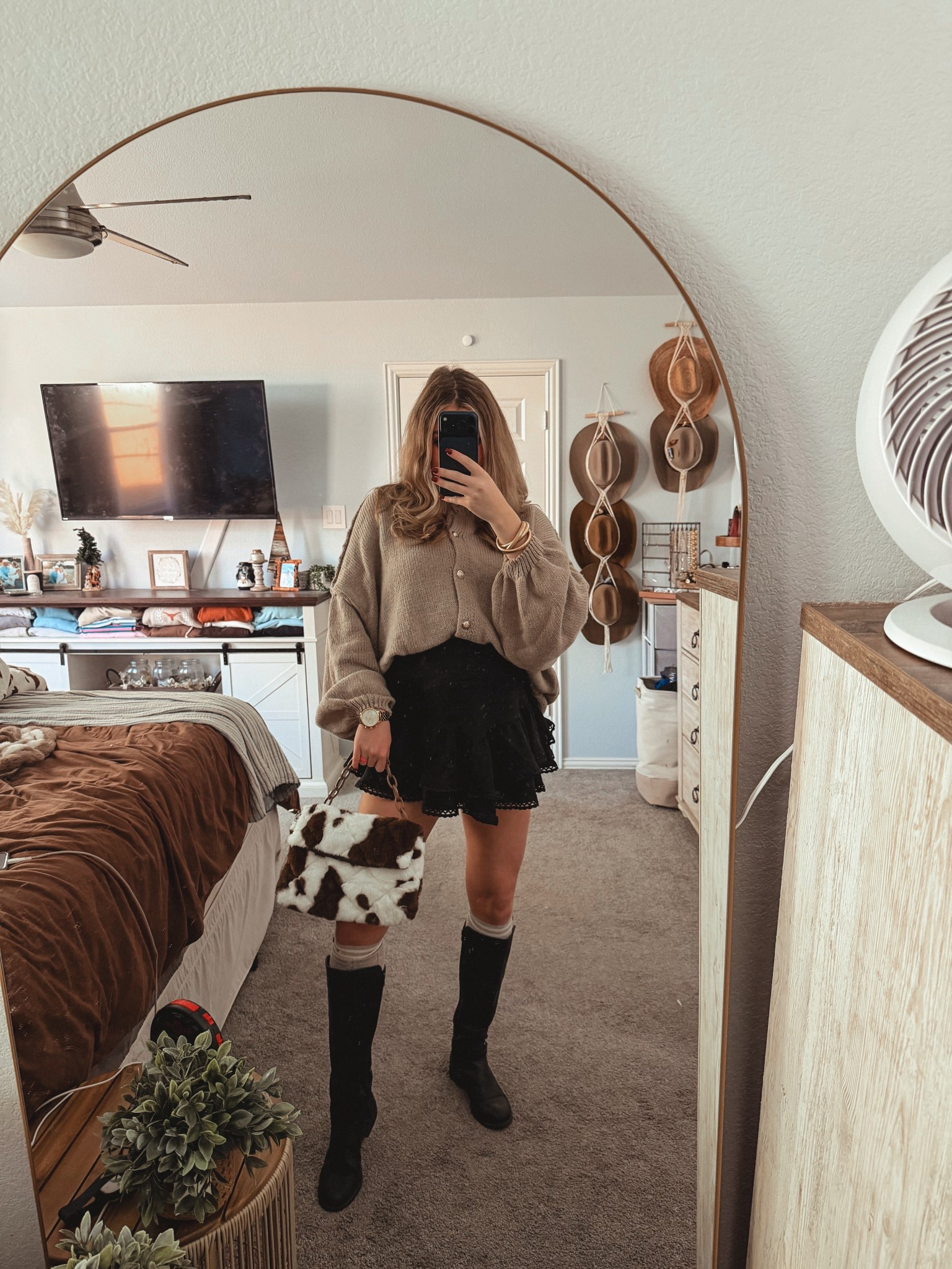 Thanksgiving. Fall outfit. Sweater & skirt outfit. Maternity outfit. Pregnancy outfit. Cute outfit inspo. Cowhide purse  

#LTKootd #LTKFindsUnder100 #LTKHoliday