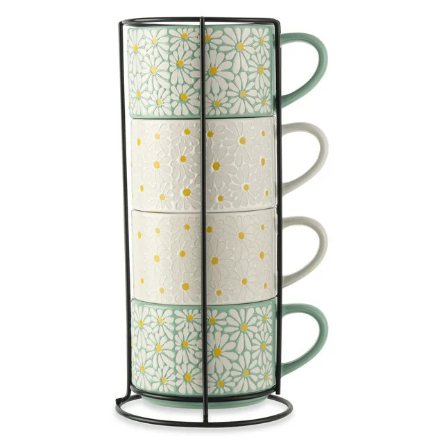 Thyme & Table White 4 Pack Stacking White and Green Floral Mugs 11.1 fl oz, Stoneware | Walmart (US)