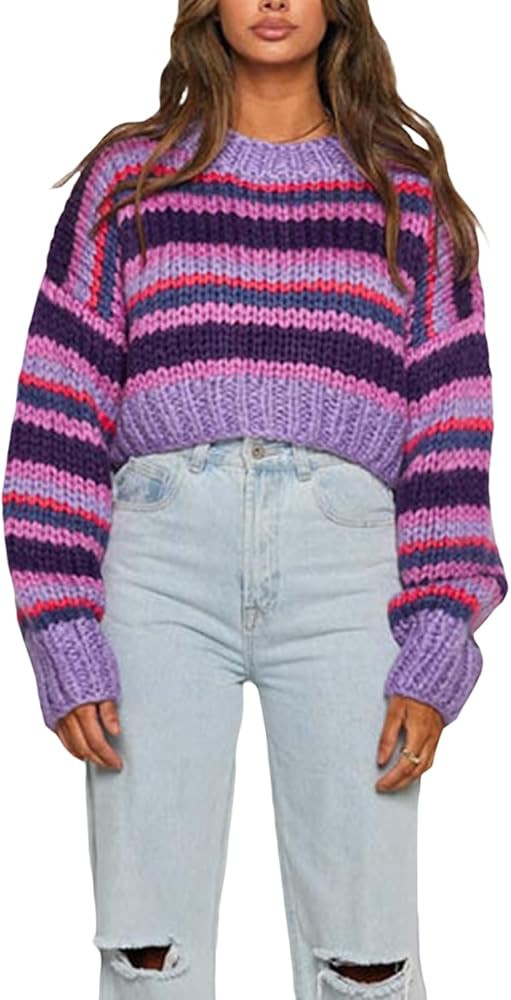 Women's Long Sleeve Crew Neck Striped Crop Sweater Ribbed Knit Pullover Jumper Tops 2023 Trendy F... | Amazon (US)