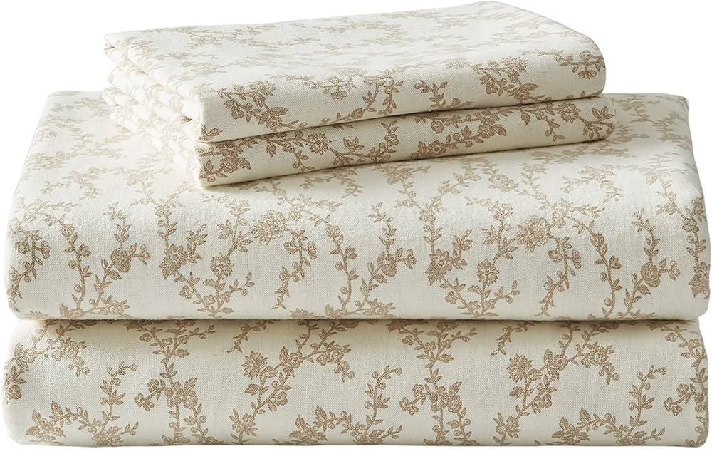 Laura Ashley - Queen Sheet Set, Cotton Flannel Bedding, Brushed for Extra Softness & Comfort (Victoria Beige, Queen) | Amazon (US)