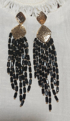 Gold Black Beaded Fringe Tassel Earrings 5 in. Long Boho Statement Evening Metal | eBay US
