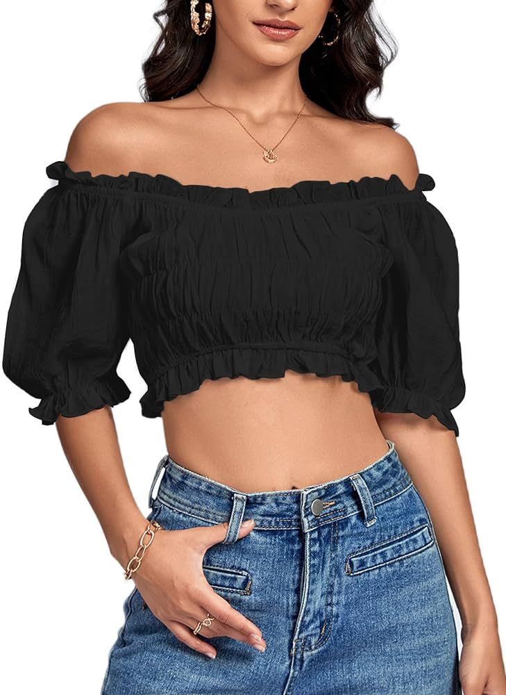 LYANER Women's Off Shoulder Ruffle Trim Ruched Short Sleeve Blouse Crop Top | Amazon (US)