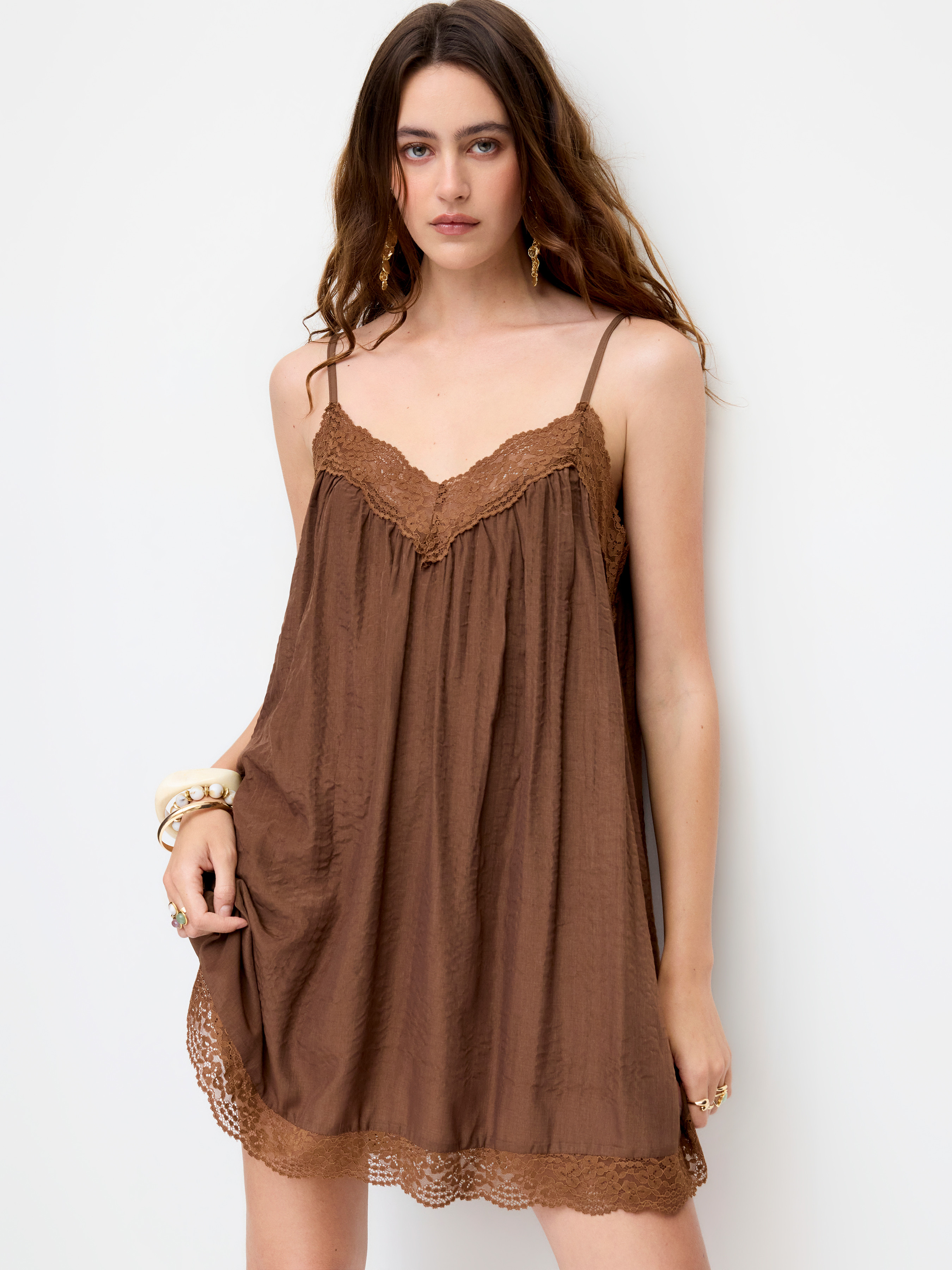 Woven Lace Trim V-neck A-line Mini Dress For Daily Casual Date | Cider