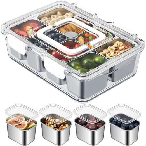 Snackle Box Container, Stainless Steel Divided Serving Tray with Lid and Handle, 8 Compartment Portable Snack Platters - Clear Storage Organizer for Fruit Candy Nuts Veggie - Perfect for Travel Party | Amazon (US)