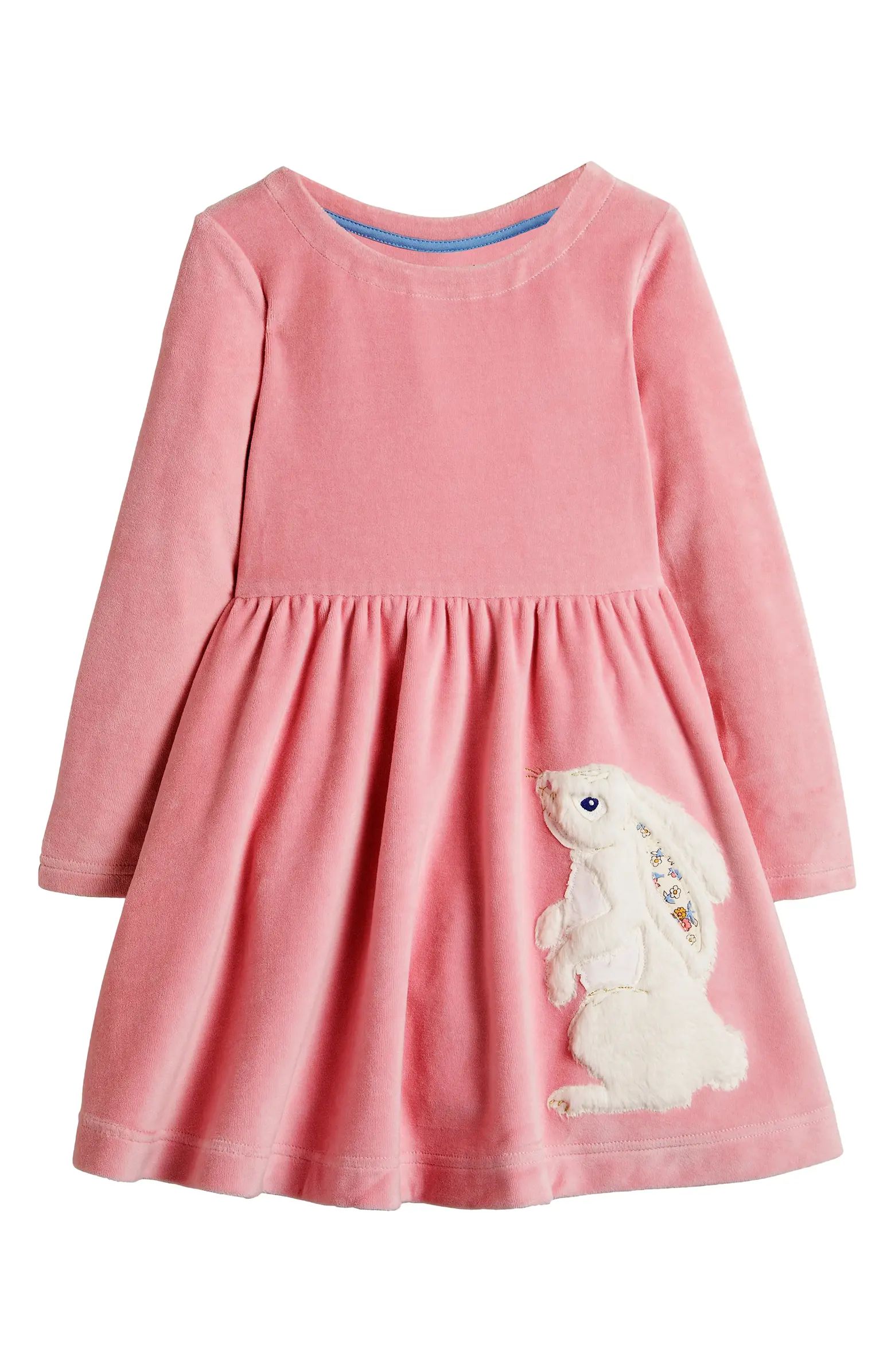 Mini Boden Kids' Appliqué Bunny Long Sleeve Velour Dress | Nordstrom | Nordstrom