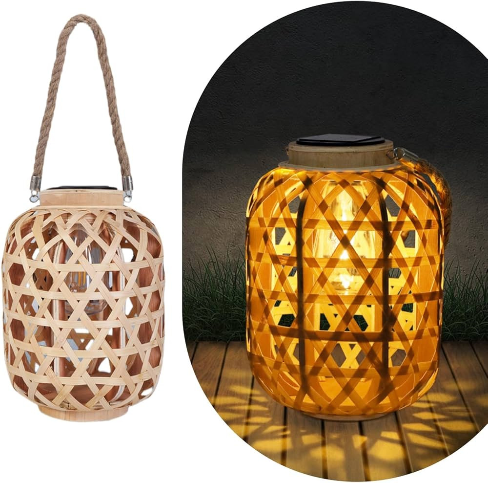 Solar Rattan Lantern Outdoor Hanging Lights with Handle, Waterproof Rattan Solar Lantern, Natural... | Amazon (US)