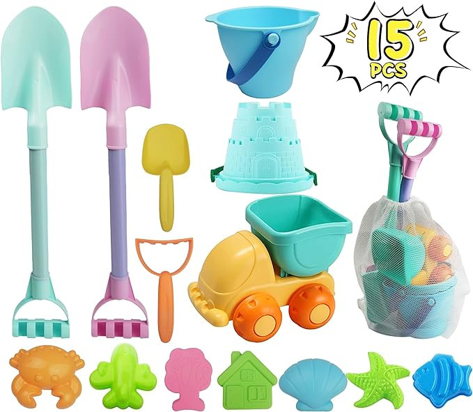 IOKUKI Long Shovels Sand Toys Set with Mesh Bag Including Dump Truck, Beach Buckets, Shovels, Rak... | Amazon (US)