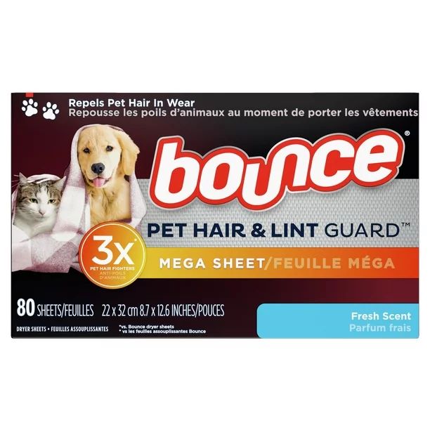 Bounce Pet Hair and Lint Guard Mega Dryer Sheets with 3X Pet Hair Fighters, Fresh Scent, 80 Count... | Walmart (US)