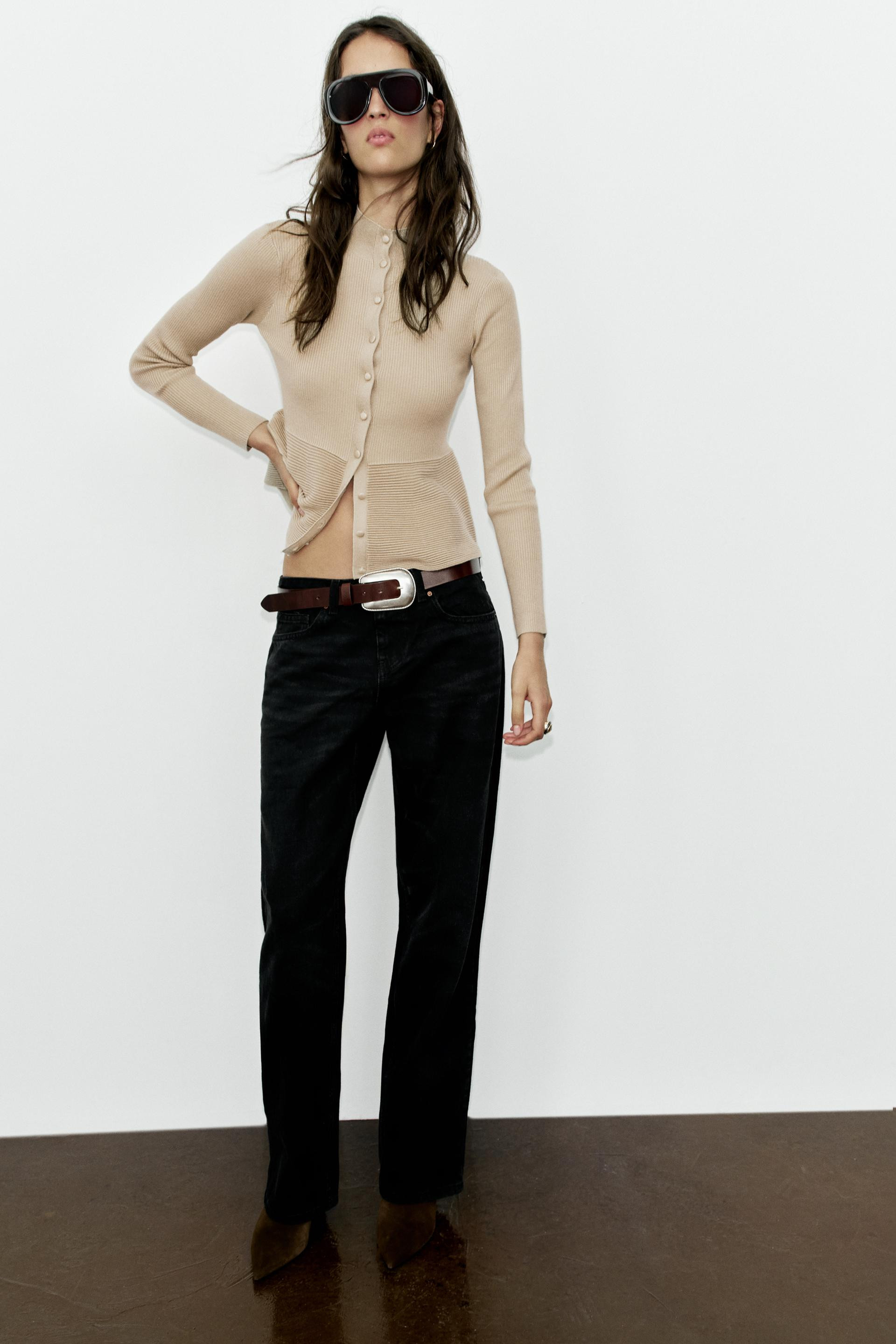 Zara - Rib Knit Covered Button Cardigan - Mink - M - Woman | Zara US