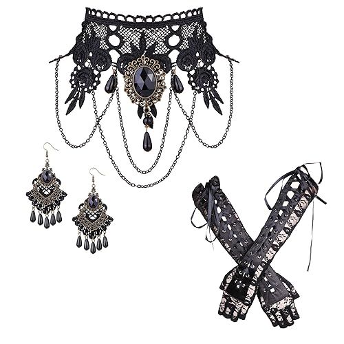 Finrezio Black Lace Necklace Bracelet and Pendant Earrings Set for Women Halloween Steampunk Wedd... | Amazon (US)