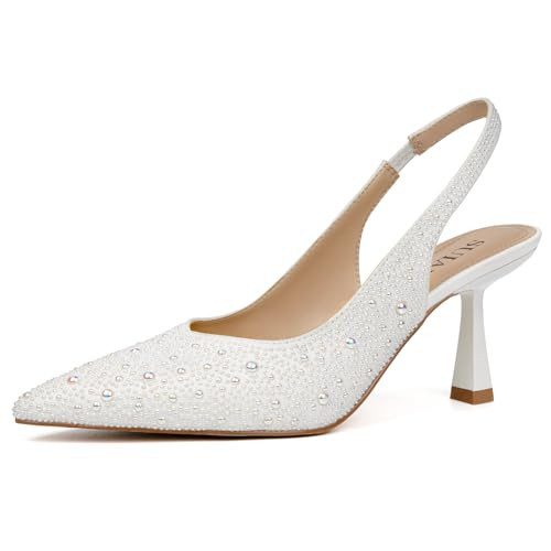 SUIARA White Pearl Kitten Heels Wedding Shoes for Women Bride Slingback Closed Pointed Toe Bridal Dressy Pumps | Amazon (US)
