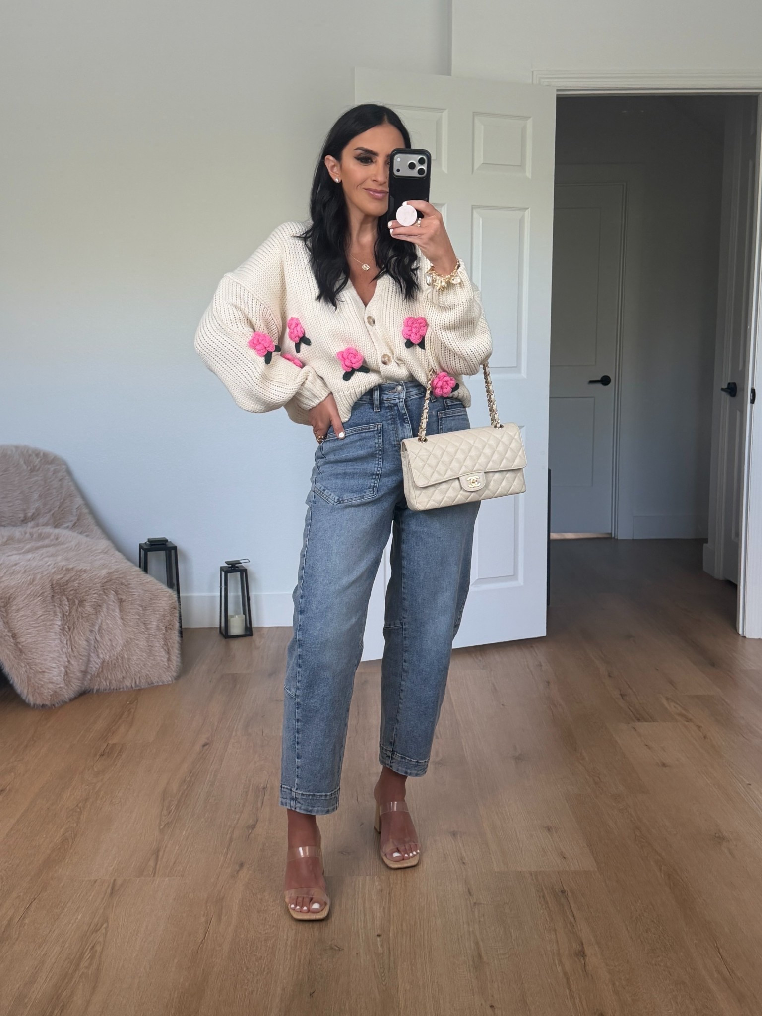 VICI Collection Garden Stroll 3D Floral Cardigan wearing size small. Ruti The Slouchy jeans wearing size 4. 