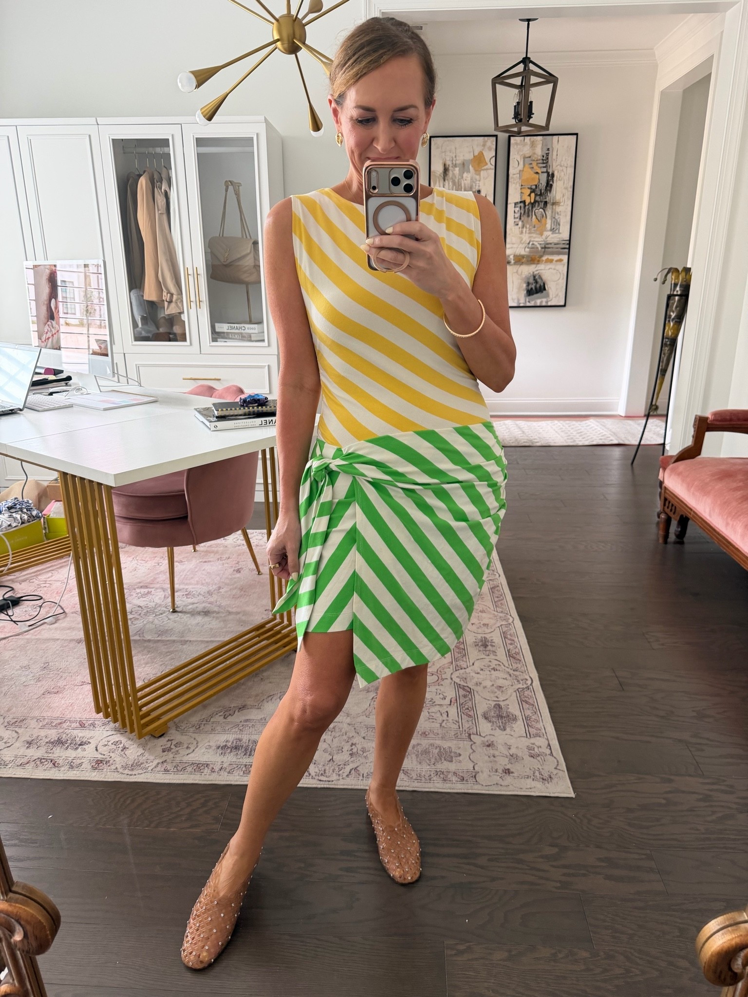 Daily Practice green yellow striped dress
Size small
Golf tournament outfit idea
Steven madden rhinestone jellies 
Anthropologie dress on sale Anthro20

#LTKSaleAlert #LTKSeasonal #LTKActive