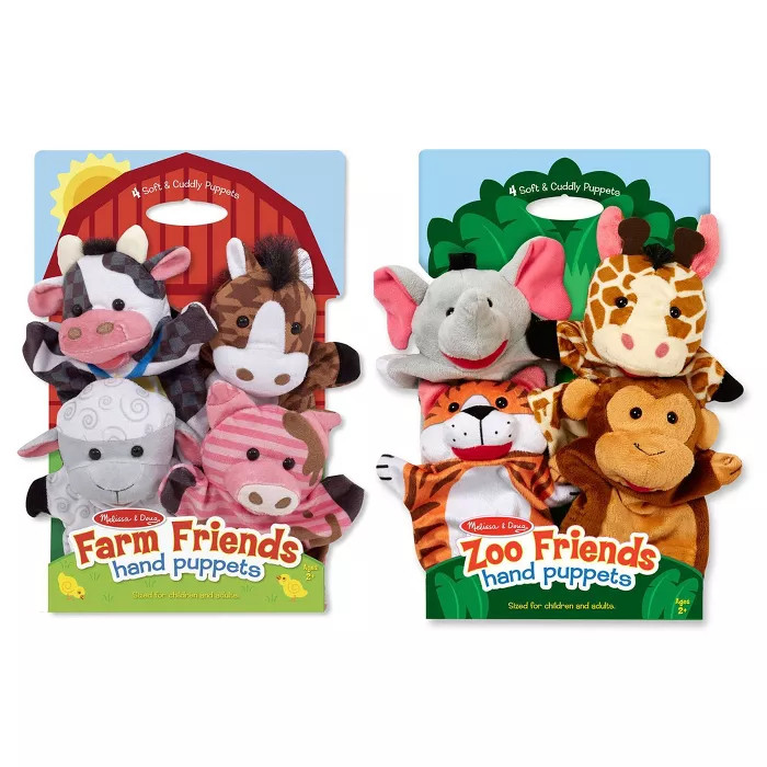 Melissa & Doug Animal Hand Puppets (Set of 2, 4 animals in each) - Zoo Friends and Farm Friends | Target