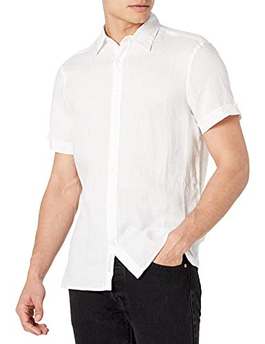 Perry Ellis Men's 100% Linen Short Sleeve Button-Up Shirt, XX-Large, Bright White | Amazon (US)