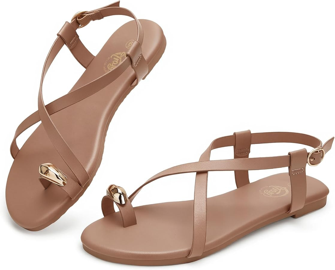 Trary Women's Flat Sandals with Adjustable Buckle, Cross Strap Strappy Sandals Summer Casual Comf... | Amazon (US)