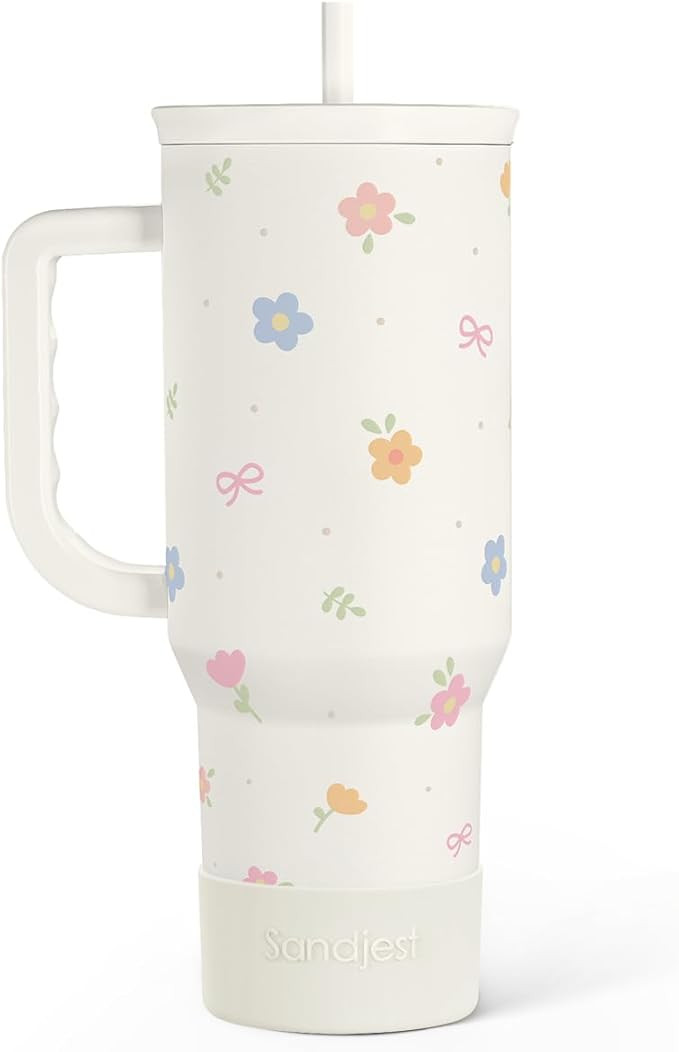 Floral 40oz Slider Tumbler with Handle and Straw - Insulated Stainless Steel Travel Coffee Mug fo... | Amazon (US)