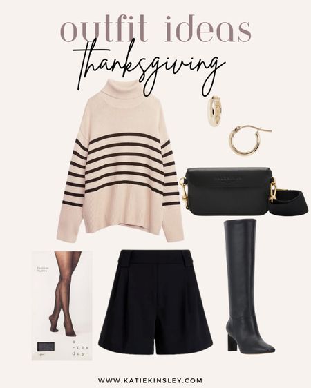 Thanksgiving outfit ideas - striped sweater, elegant shorts, knee-high boots, tights, gold hoop earrings, black little bag 

#LTKstyletip #LTKHoliday #LTKshoecrush