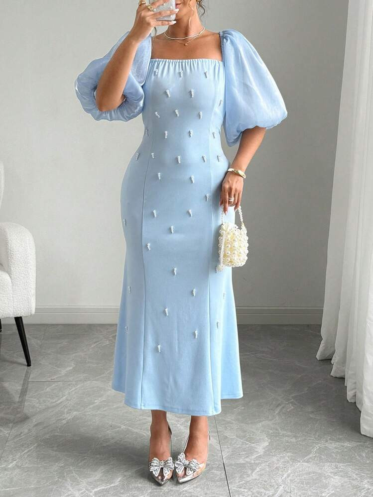 Elenzga Plus Size Elegant Puff Sleeve Square Neck Cinched Waist Slit Long Dress For Work, Party, ... | SHEIN