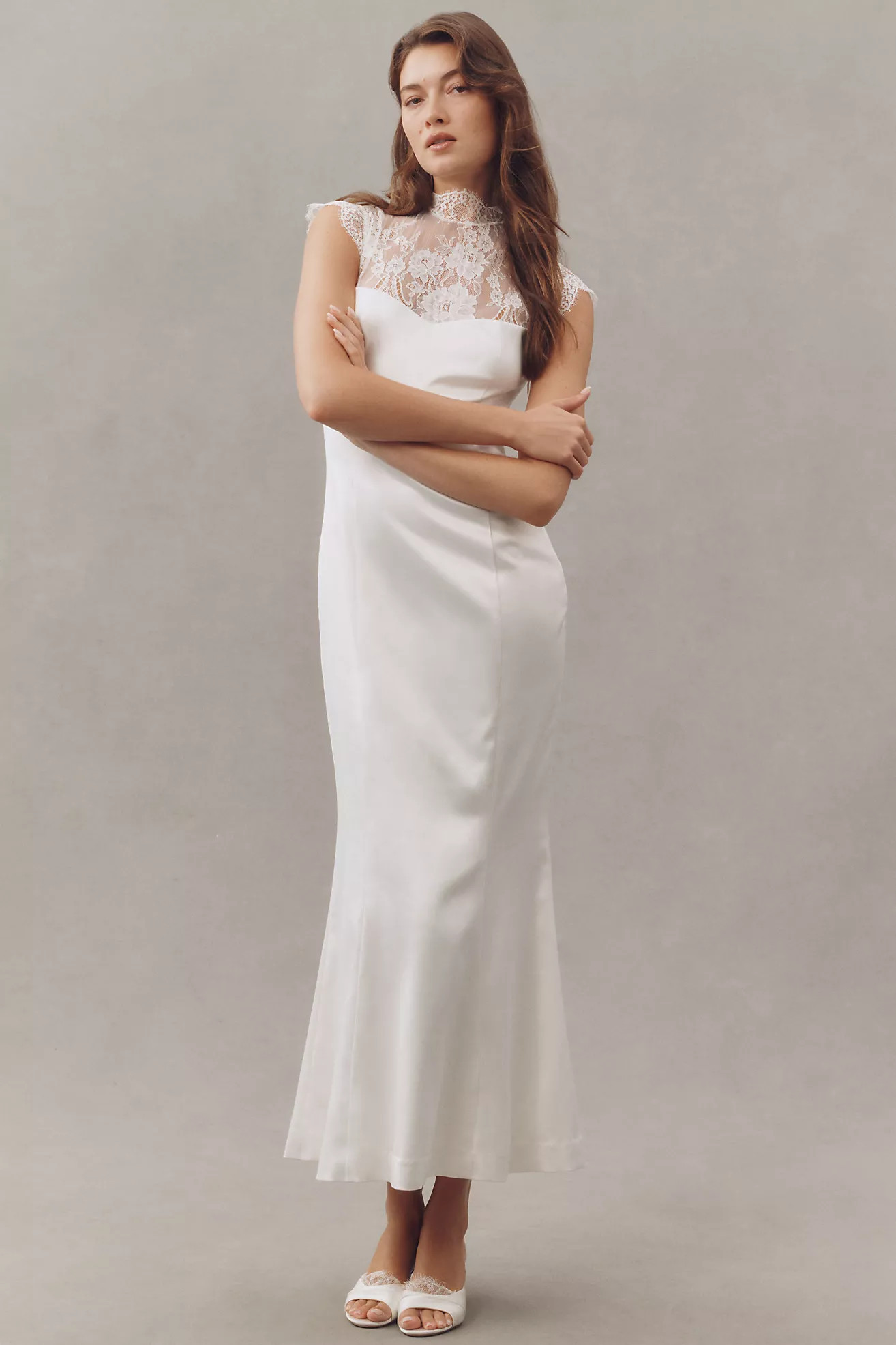 BHLDN Cap-Sleeve Lace Stretch Satin Maxi Dress | Anthropologie (US)