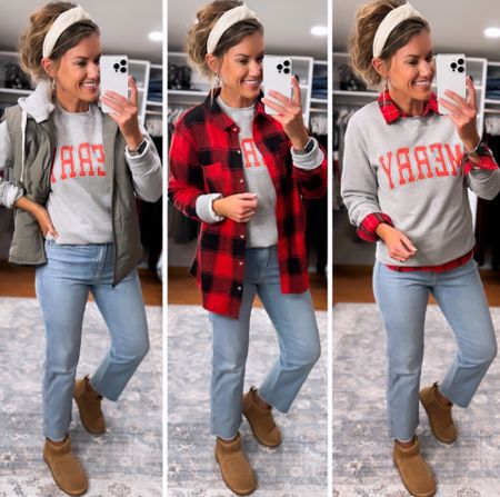 #mixitupmonday 
Merry sweatshirt/ small 
Medium in vest and both plaid button downs 
Jeans sized down to 8

#LTKHoliday #LTKSeasonal