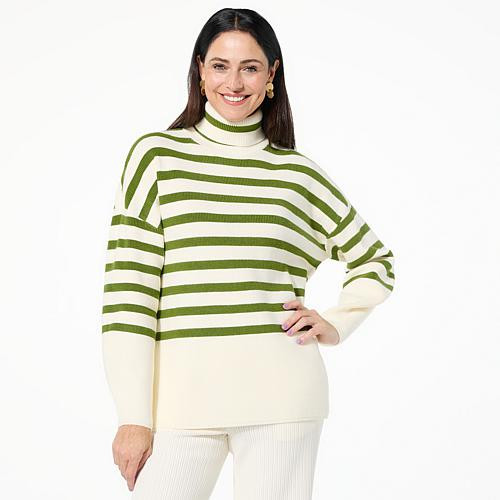 MarlaWynne WynneLayers SoftKNIT Striped Turtleneck Sweater - Green - Size 3X | HSN