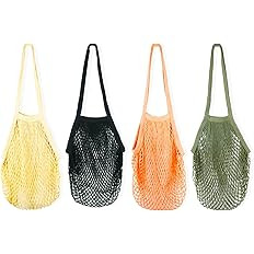 [4 Pack] Premium Mesh Grocery Bags, Reusable Produce Bags, Long Handle Net Tote Bags, 100% Cotton... | Amazon (US)