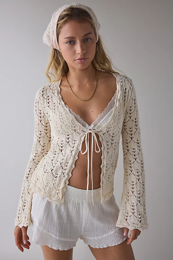 Kimchi Blue Cabo Crochet Tie-Front Flyaway Cardigan in Ivory, Women's at Urban Outfitters | Urban Outfitters (US and RoW)