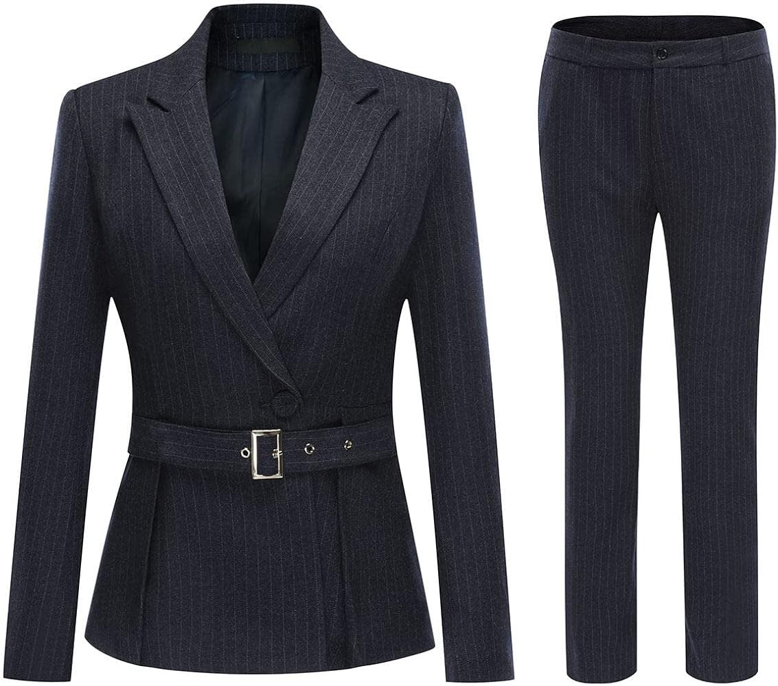 YUNCLOS Women's 2 Piece Office Lady Stripes Business Suit Set Slim Fit Blazer Jacket Pant | Amazon (US)