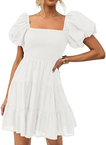 ZESICA Women's Boho 2026 Summer Square Neck Puff Sleeve Off Shoulder Smocked Tiered Casual A Line... | Amazon (US)