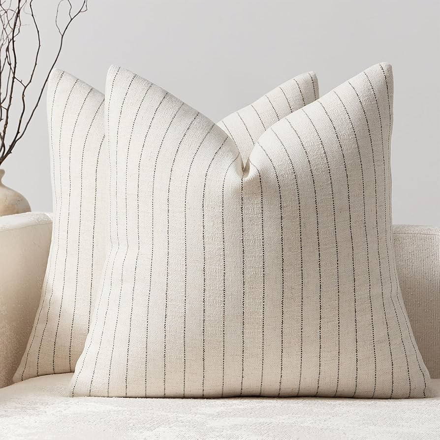 DEZENE Pack of 2 Linen Striped Throw Pillow Covers 20x20 Neutral Couch Pillow Cases Farmhouse Dec... | Amazon (US)