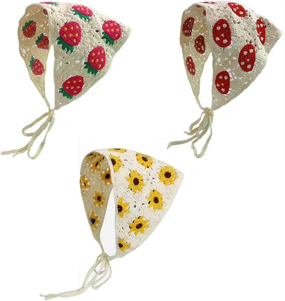 2/3/4 PCS Crochet Hair Bandana Head Kerchief Cute Strawberry Mushroom Knitted Hollow Head Scarf H... | Amazon (US)