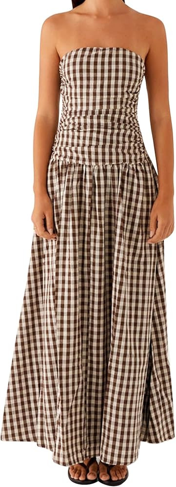 Women's Strapless Tube Long Dress Y2K Sleeveless Off Shoulder Ruched Backless Flowy Bodycon A Lin... | Amazon (US)