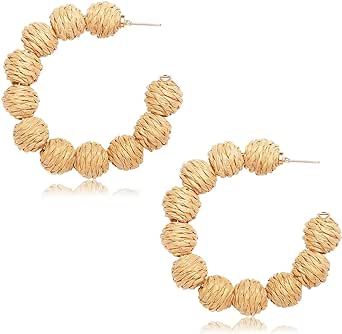 Rattan Earrings Handmade Rattan Ball Hoop Earrings for Women Retro Woven Straw Wicker Earrings Bi... | Amazon (US)