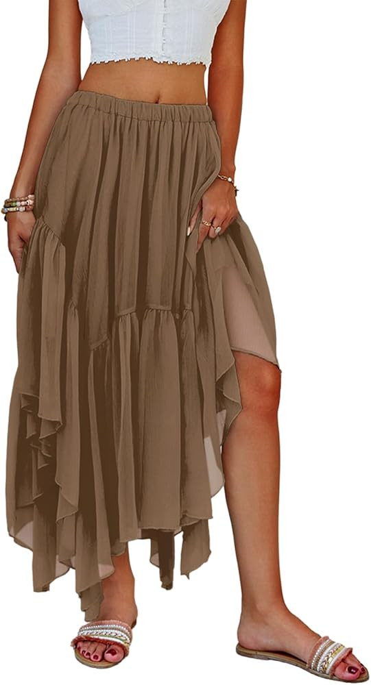 Fisoew Womens Summer Boho Maxi Skirt Casual Asymmetric High-Low Hem Flowy Bohemia Long Skirt | Amazon (US)