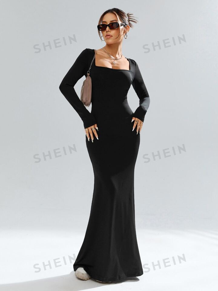 SHEIN Privé Square Neck Mermaid Hem Bodycon Dress | SHEIN
